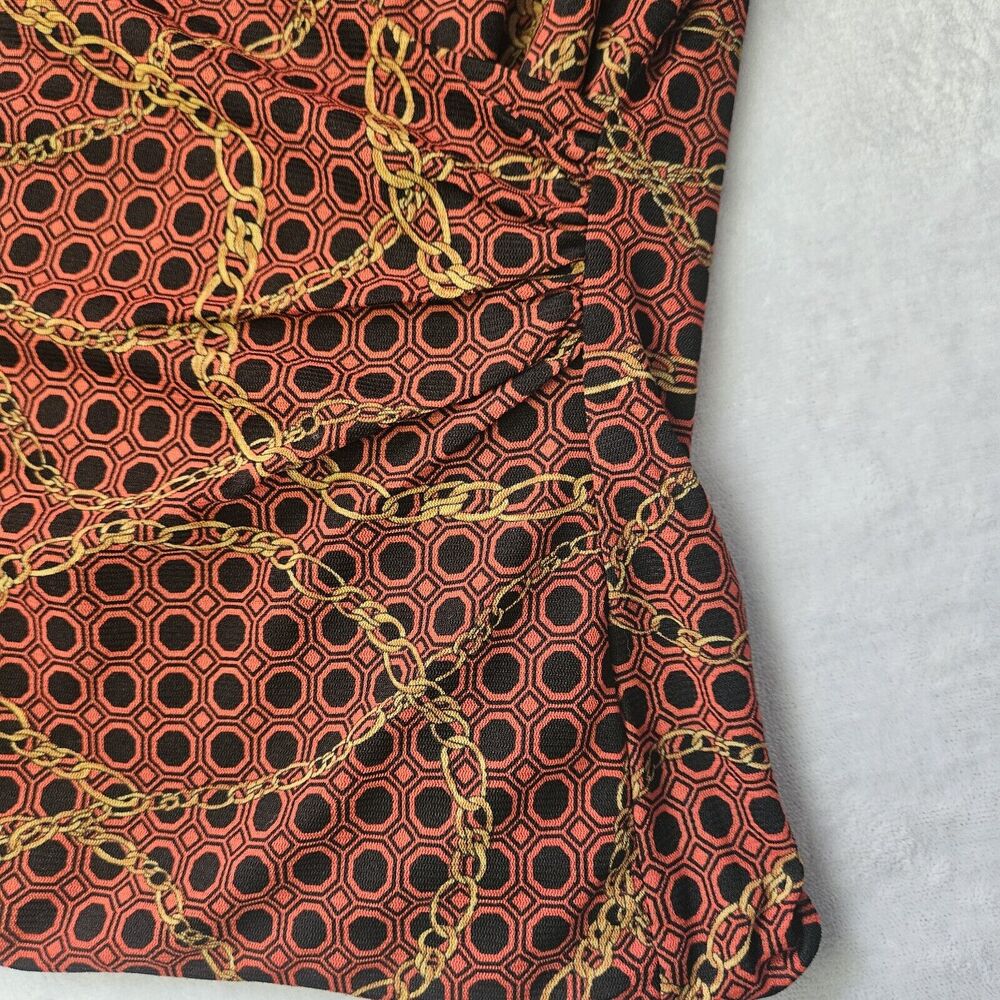 Jones New York Womens M‎ Faux Wrap Blouse Long Sleeve Chain Print Orange Black - Picture 3 of 9